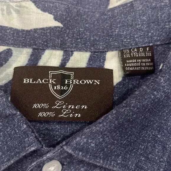 [2XL]Black Brown 1826 100 Linen Palm Leaves Blue Button Down S/S  Shirt - Picture 2 of 6